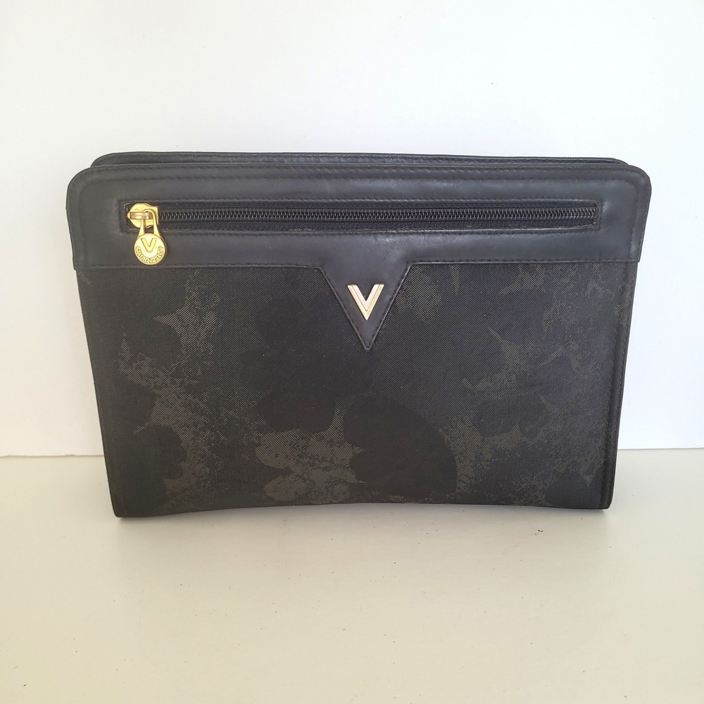 Mario‎ Valentino Vintage Black Floral Jacquard Canvas LeatherClutch Bag Italy